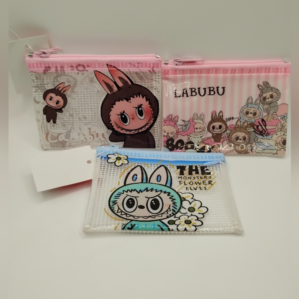 LABUBU Pink & Blue Cute Character Cosmetic Pouch Set Of 3